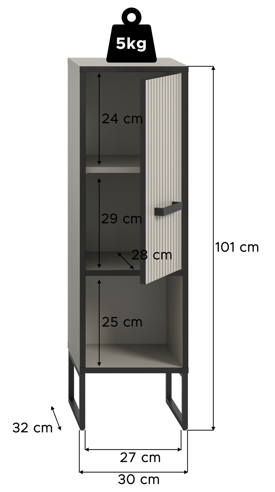 Standschrank mit drei Fächern, teilweise geöffnete Tür, Maße: 101 cm hoch, 30 cm breit, 32 cm tief, Frontansicht
