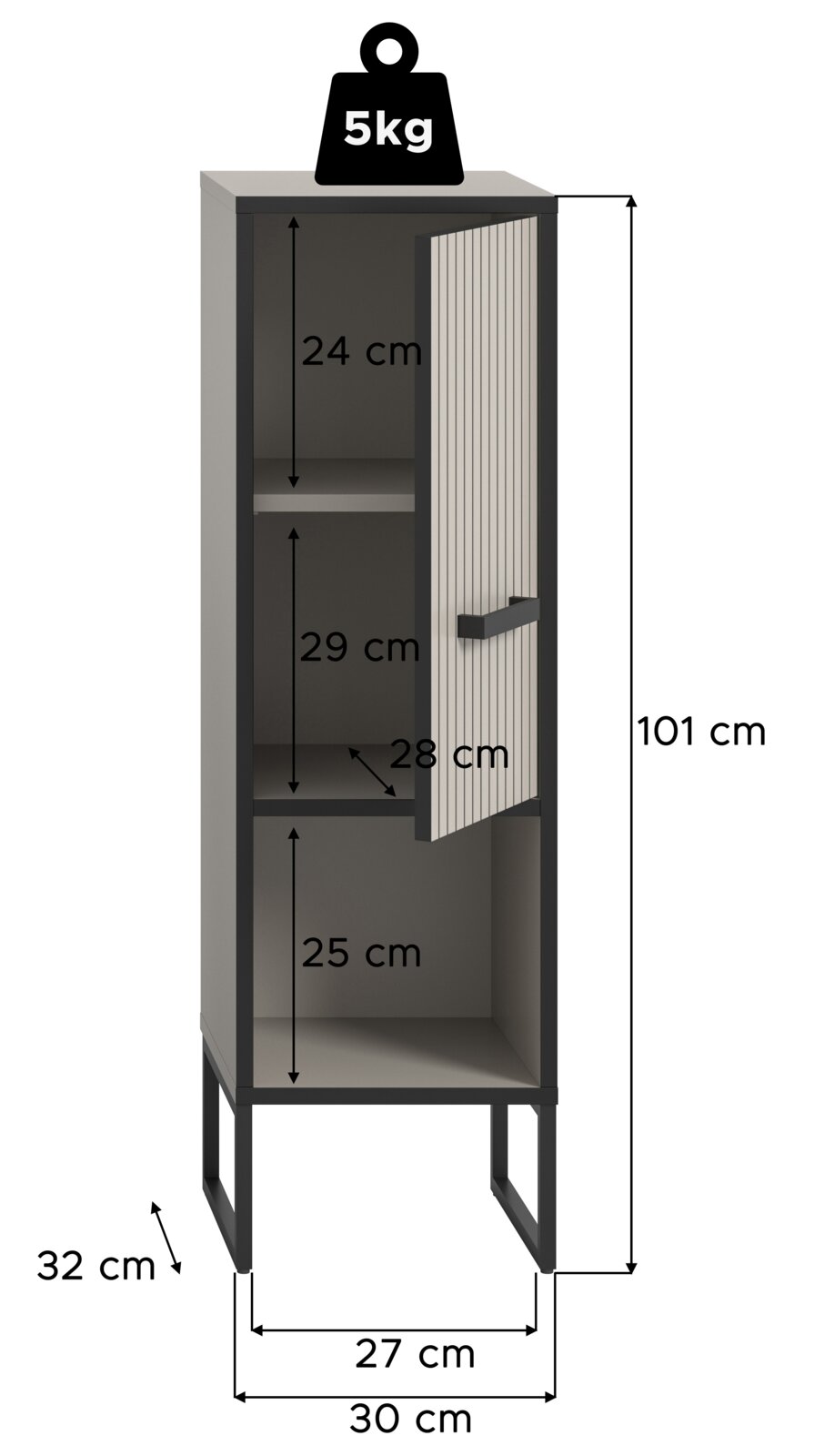 Standschrank mit drei Fächern, teilweise geöffnete Tür, Maße: 101 cm hoch, 30 cm breit, 32 cm tief, Frontansicht