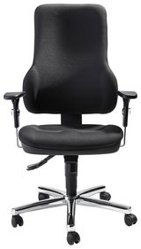 Schwarzer Drehsessel mit Armlehnen und verchromtem Fußkreuz, Frontalansicht