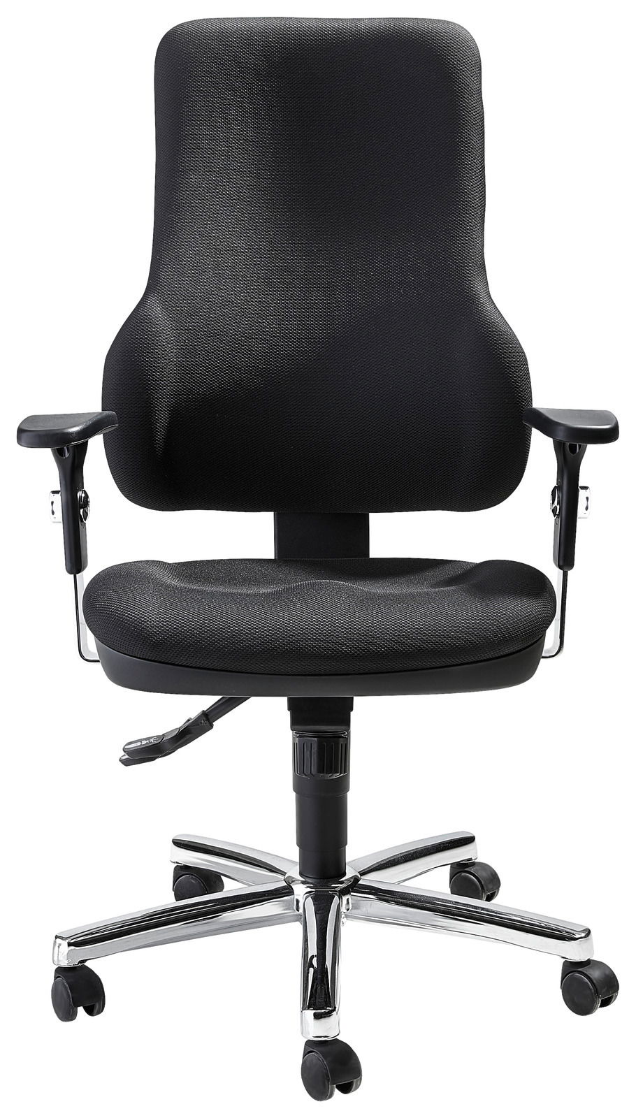 Schwarzer Drehsessel mit Armlehnen und verchromtem Fußkreuz, Frontalansicht