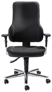 Schwarzer Drehsessel mit Armlehnen und verchromtem Fußkreuz, Frontalansicht