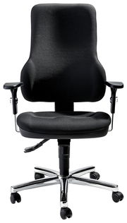 Schwarzer Drehsessel mit Armlehnen und verchromtem Fußkreuz, Frontalansicht