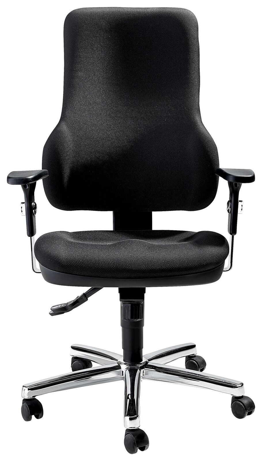 Schwarzer Drehsessel mit Armlehnen und verchromtem Fußkreuz, Frontalansicht