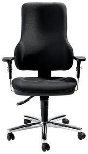 Schwarzer Drehsessel mit Armlehnen und verchromtem Fußkreuz, Frontalansicht