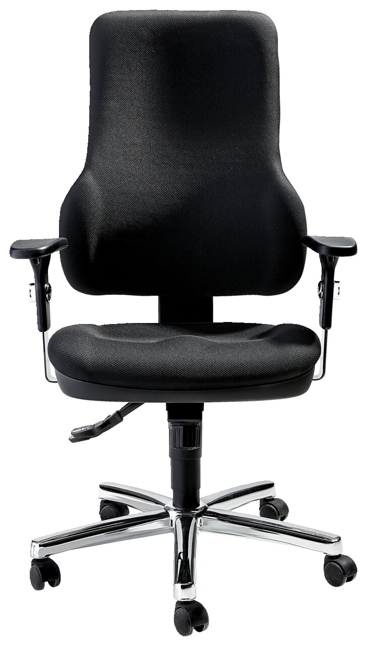 Schwarzer Drehsessel mit Armlehnen und verchromtem Fußkreuz, Frontalansicht