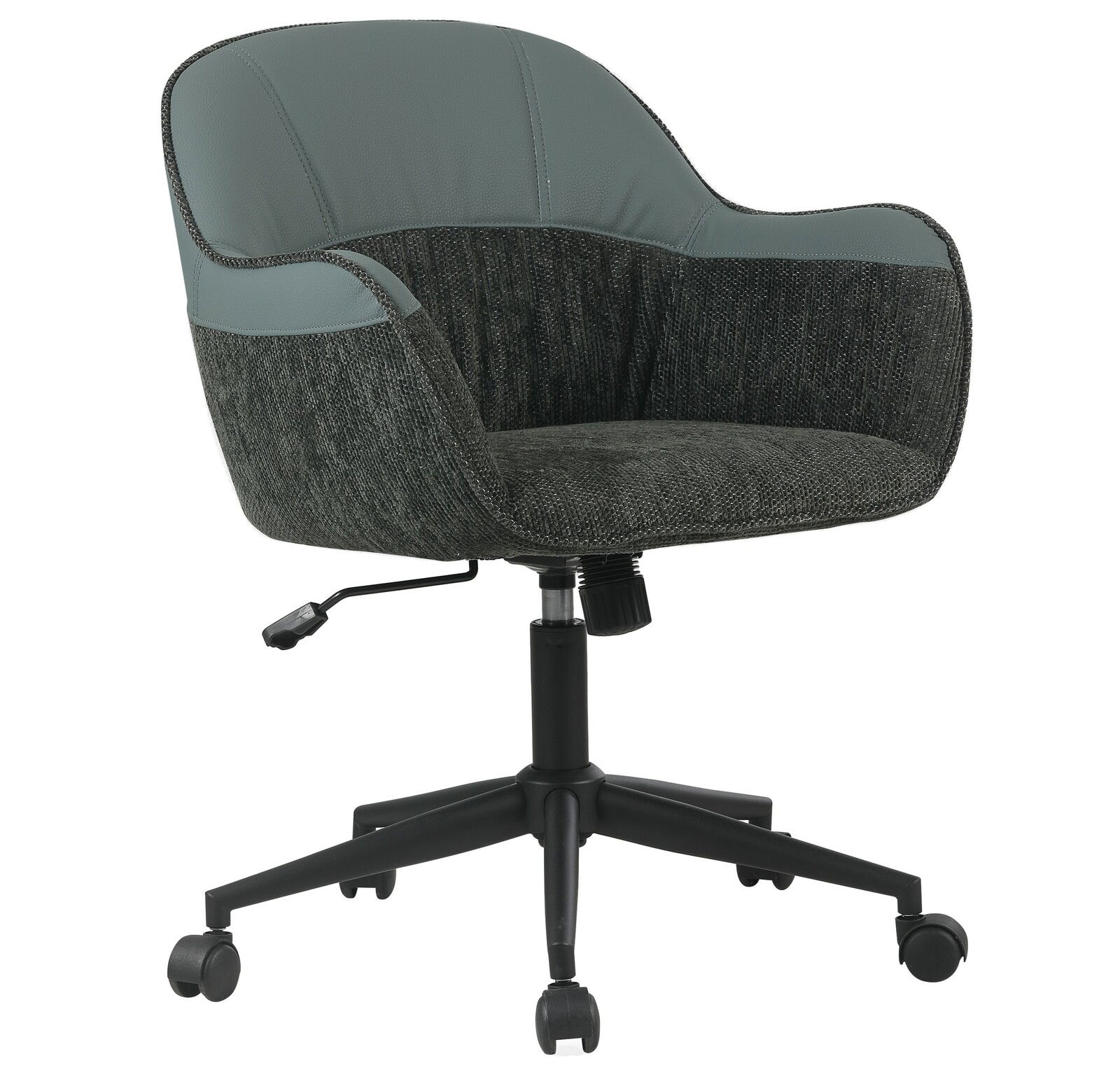 Moderner Drehstuhl mit gepolstertem Sitz und Rückenlehne in Grau, seitliche Ansicht