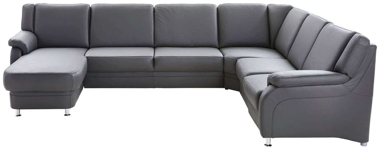 Graue Polsterrundecke in L-Form, Ansicht von vorne, mit modernen Metallfüßen.