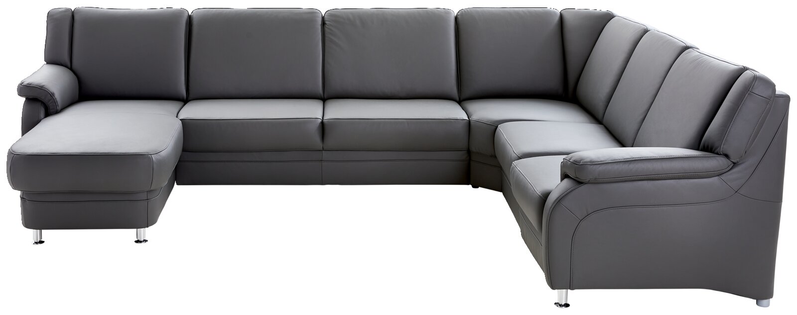 Graue Polsterrundecke in L-Form, Ansicht von vorne, mit modernen Metallfüßen.
