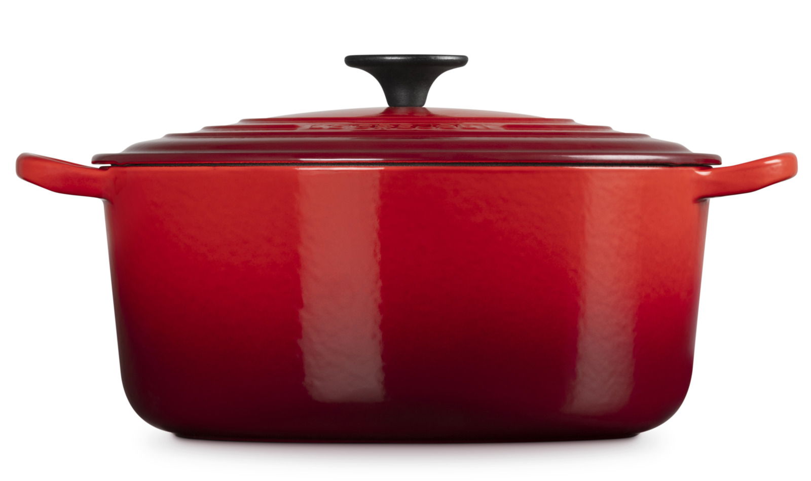 Roter Bräter mit Deckel, seitliche Perspektive