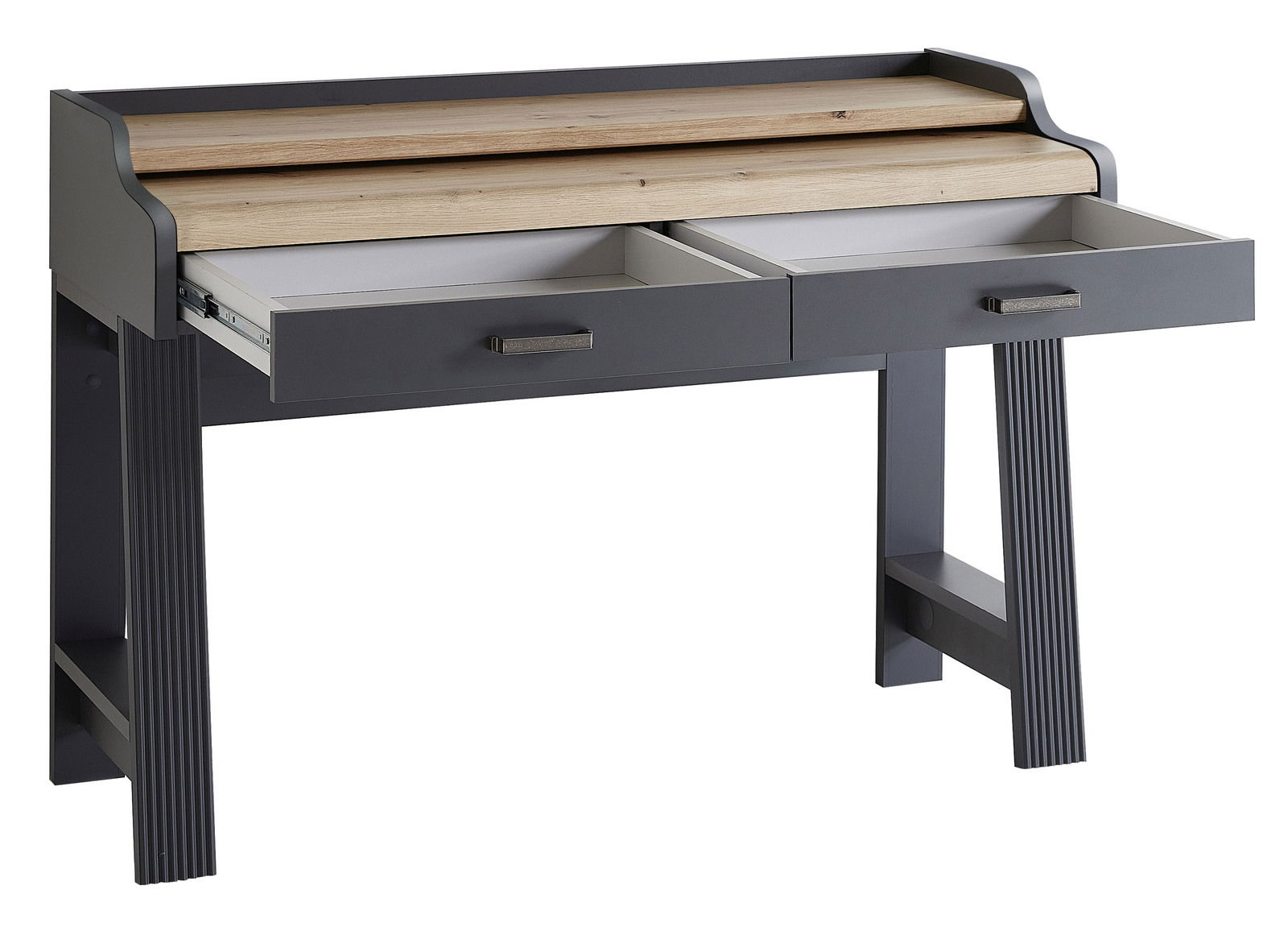 Moderner Sekretär mit zwei Schubladen in grauer und holzfarbener Optik, seitliche Perspektive