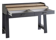 Moderner Sekretär mit zwei Schubladen in grauer und holzfarbener Optik, seitliche Perspektive