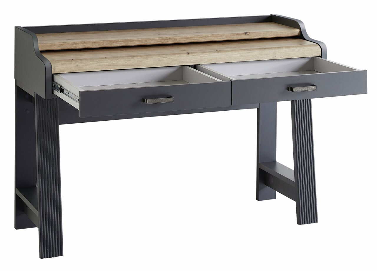 Modern secretaire met twee lades in grijze en houtkleurige afwerking, zijaanzicht