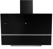 Moderne schwarze Dunstabzugshaube mit Touch-Bedienfeld, frontale Ansicht.