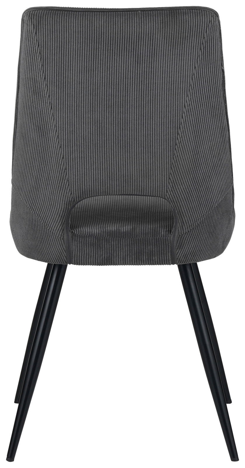 Z2 Stuhl ISAK Rückansicht eines modernen Stuhls mit grauem, geripptem Stoffbezug und schwarzen Metallbeinen.