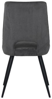 Rückansicht eines modernen Stuhls mit grauem, geripptem Stoffbezug und schwarzen Metallbeinen.