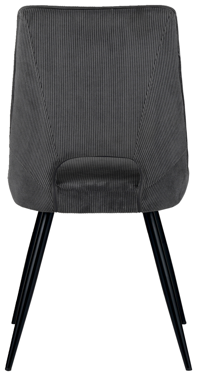 Z2 Stuhl ISAK Rückansicht eines modernen Stuhls mit grauem, geripptem Stoffbezug und schwarzen Metallbeinen.