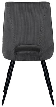 Rückansicht eines modernen Stuhls mit grauem, geripptem Stoffbezug und schwarzen Metallbeinen.