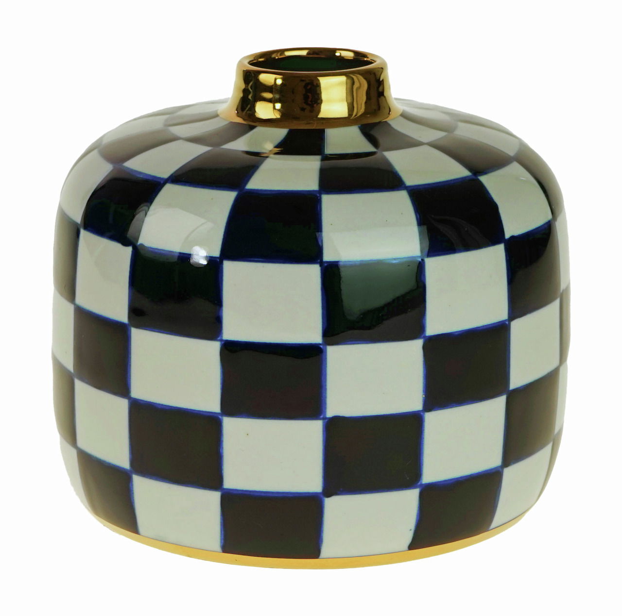 Handbemalte Vase Harlekin mit schwarz-weißem Karomuster und goldener Öffnung, seitliche Perspektive