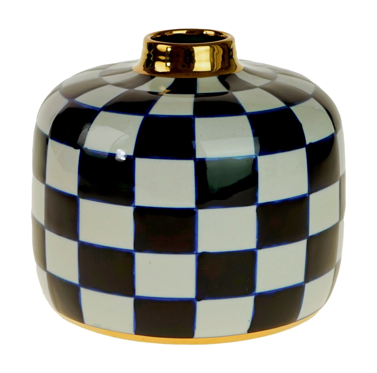 Handbemalte Vase Harlekin mit schwarz-weißem Karomuster und goldener Öffnung, seitliche Perspektive
