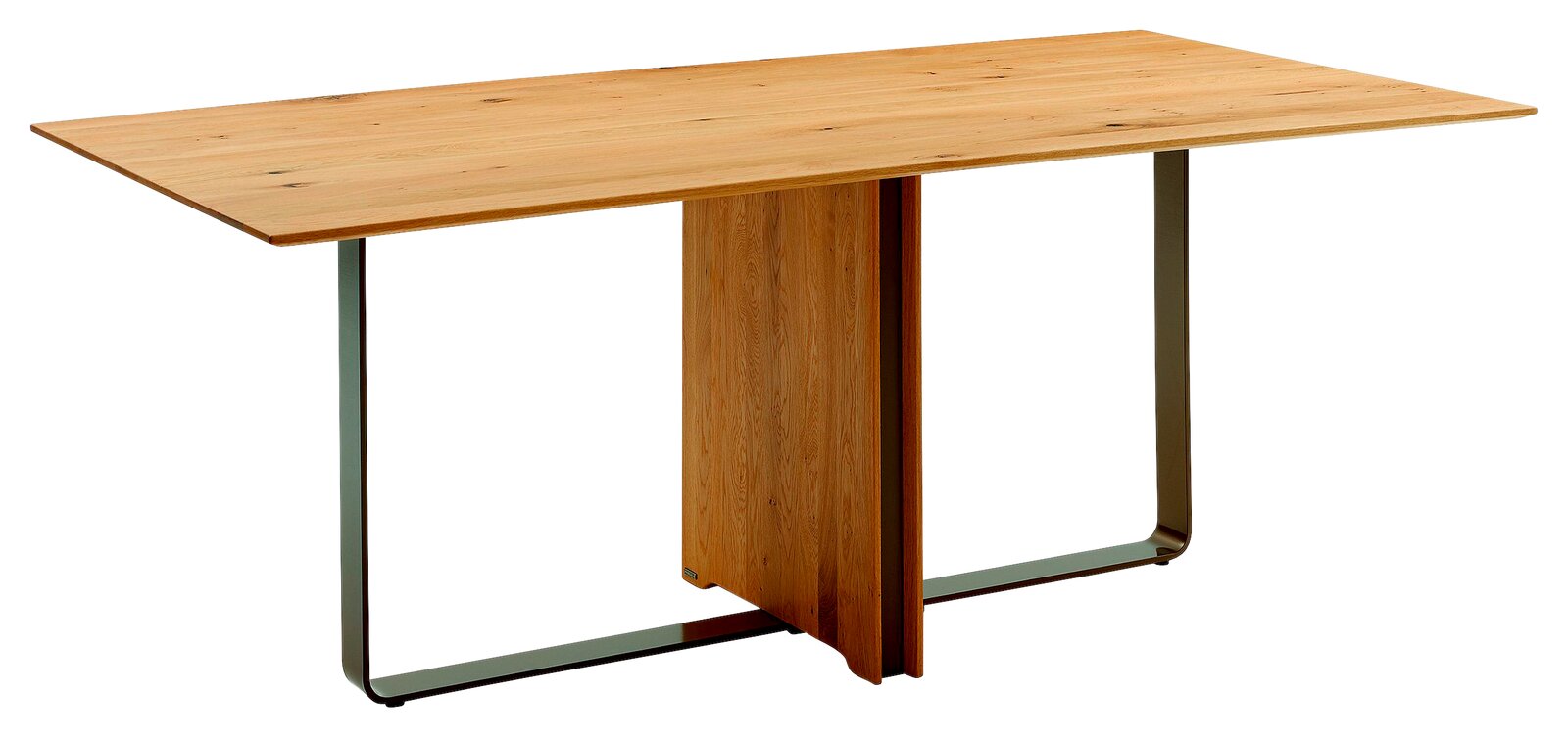 Moderner Esstisch aus Holz mit Metallgestell, seitliche Perspektive