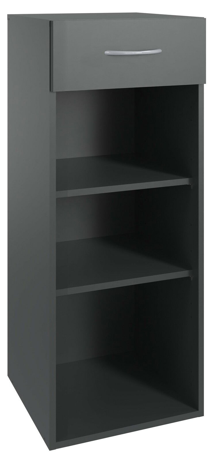 XORA Regal niedrig MULTIRAUMKONZEPT Graues niedriges Regal mit zwei offenen Fächern und einer Schublade, Perspektive von vorne.