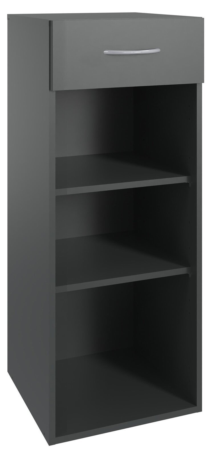 XORA Regal niedrig MULTIRAUMKONZEPT Graues niedriges Regal mit zwei offenen Fächern und einer Schublade, Perspektive von vorne.