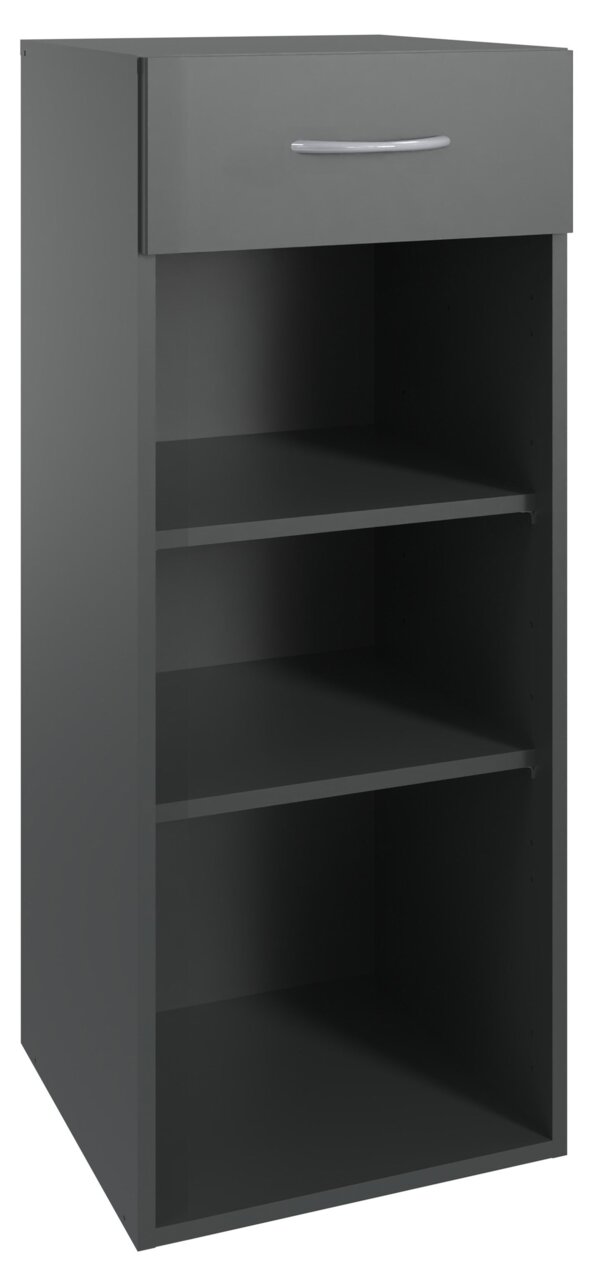 XORA Regal niedrig MULTIRAUMKONZEPT Graues niedriges Regal mit zwei offenen Fächern und einer Schublade, Perspektive von vorne.