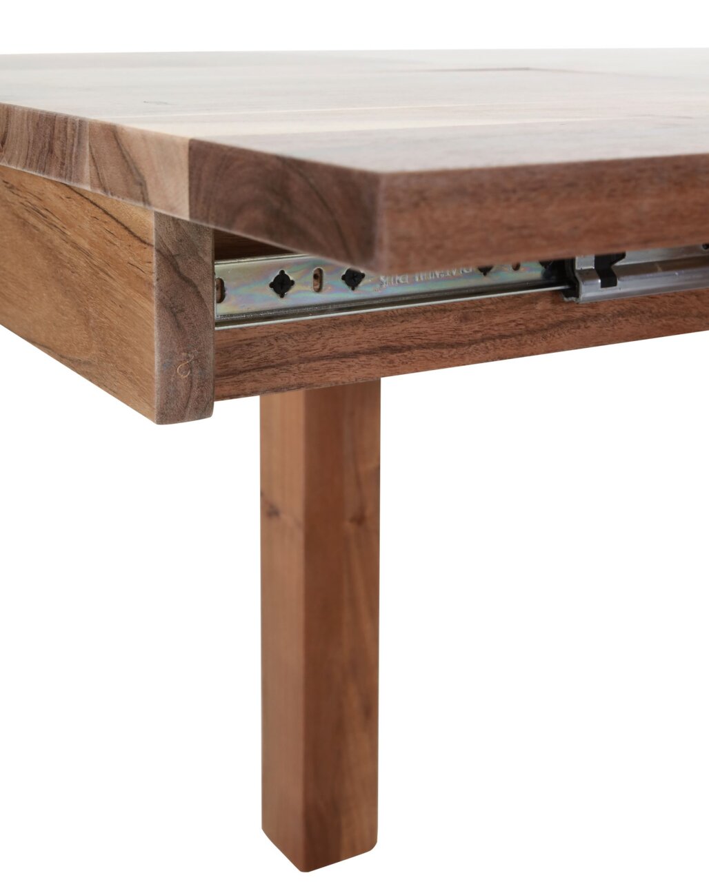 Nahaufnahme eines ausziehbaren Esstisches aus Holz mit sichtbarer Schiene, seitliche Perspektive