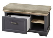 Bank mit gepolstertem Sitzkissen, offener Schublade und Regalfächern, seitliche Perspektive