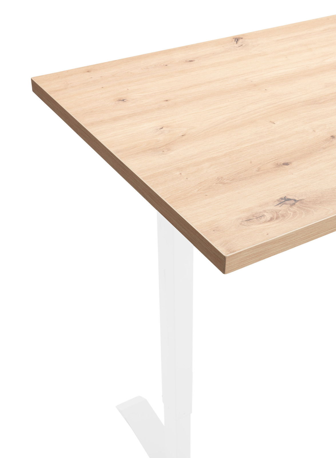 Eckansicht einer hellen Holz-Tischplatte mit natürlicher Maserung auf einem weißen Tischgestell.