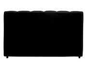 Rückansicht eines schwarzen Polsterbettgestells mit abgerundeten Kanten.