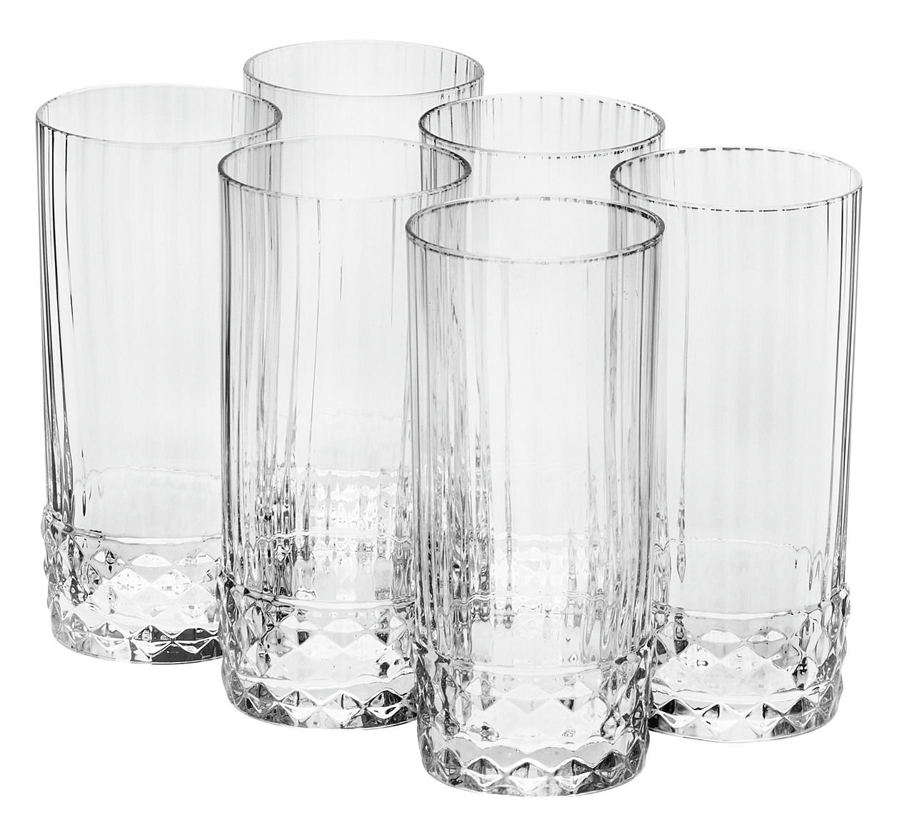Sechser-Set Longdrinkgläser America mit geriffeltem Design und facettiertem Boden, frontale Ansicht.