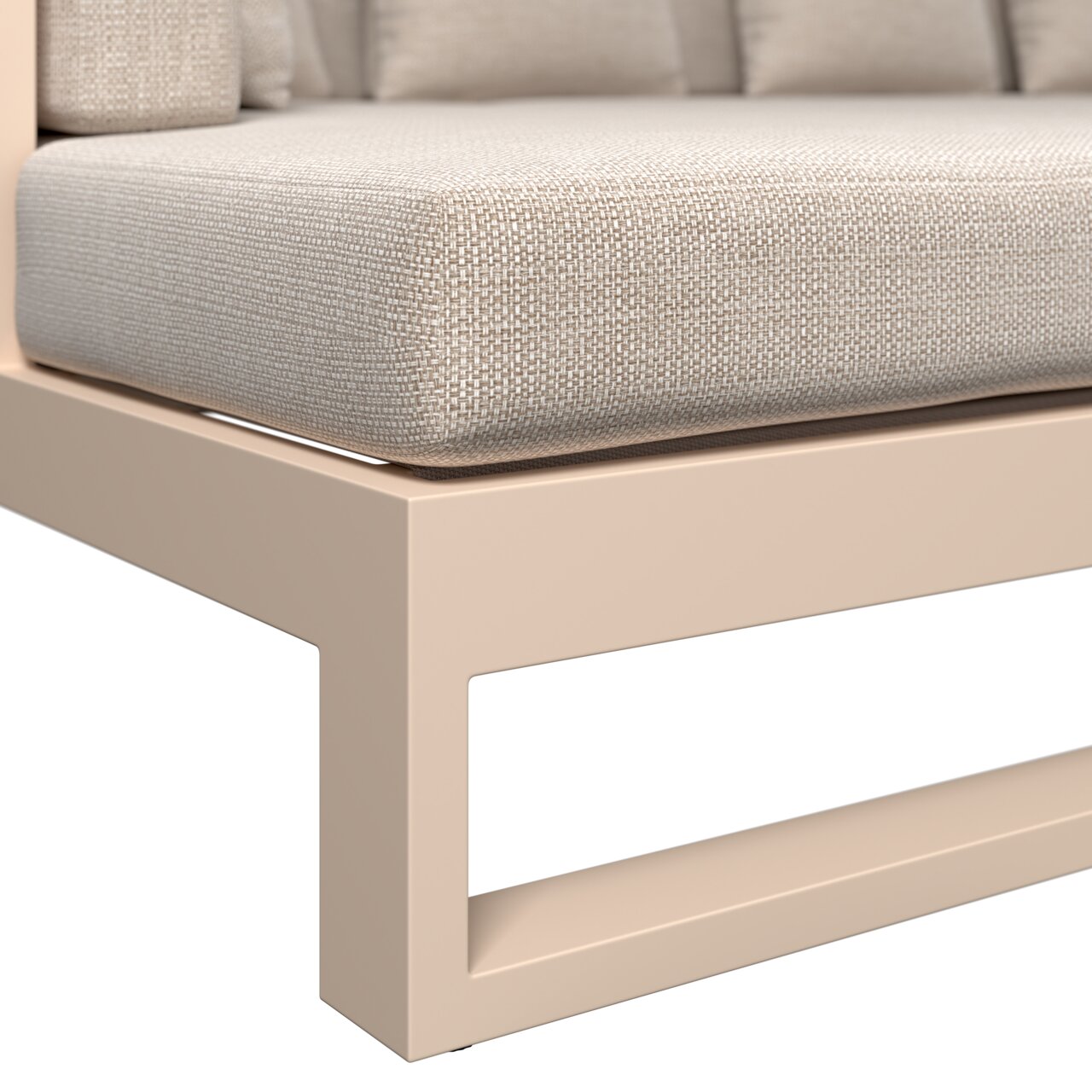 Nahaufnahme eines Lounge-Sets mit beigem Polster und modernem, rechteckigem Rahmen, Perspektive von der Seite.