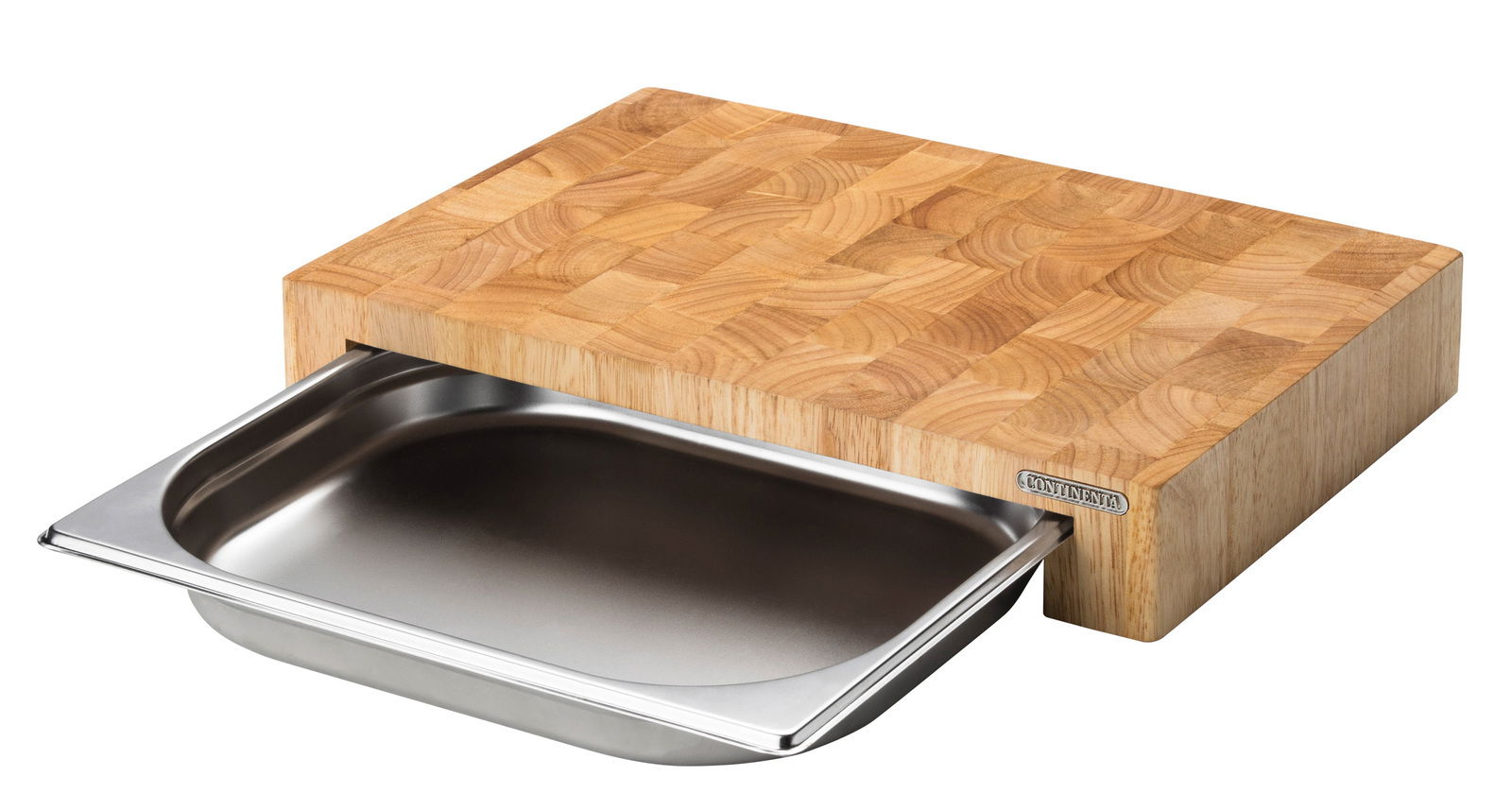 Holz-Schneidebrett mit herausziehbarer Edelstahl-Schale, seitliche Perspektive