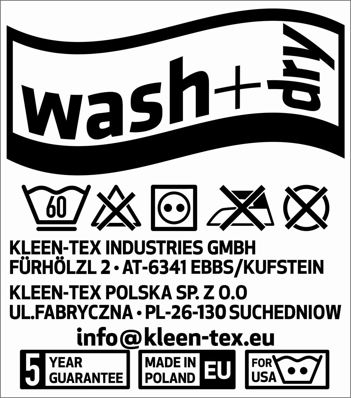 Wasch- und Pflegehinweise für eine Fußmatte, inklusive Symbole für Waschen bei 60 Grad, nicht bleichen, Trockner geeignet, nicht bügeln und nicht chemisch reinigen. Perspektive: Frontalansicht.