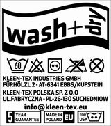 Wasch- und Pflegehinweise für eine Fußmatte, inklusive Symbole für Waschen bei 60 Grad, nicht bleichen, Trockner geeignet, nicht bügeln und nicht chemisch reinigen. Perspektive: Frontalansicht.