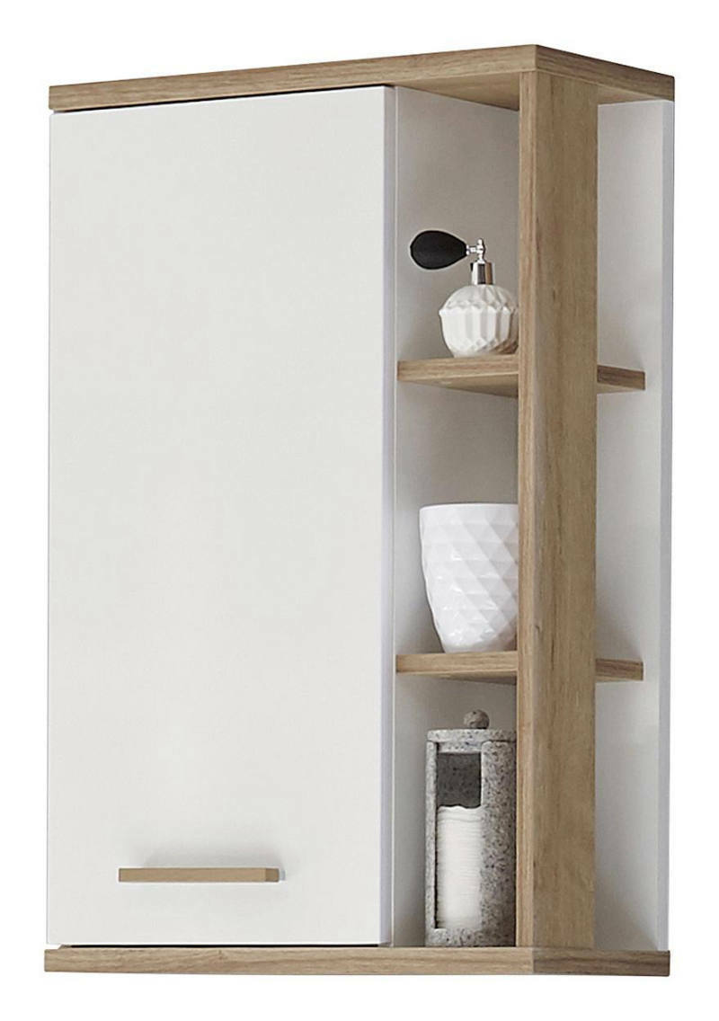 Moderner Wandschrank mit weißer Tür und offenen Regalen aus Holz, seitliche Perspektive