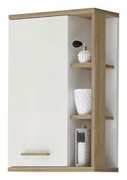 Moderner Wandschrank mit weißer Tür und offenen Regalen aus Holz, seitliche Perspektive