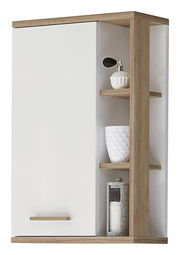 Moderner Wandschrank mit weißer Tür und offenen Regalen aus Holz, seitliche Perspektive