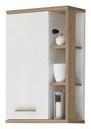 Moderner Wandschrank mit weißer Tür und offenen Regalen aus Holz, seitliche Perspektive