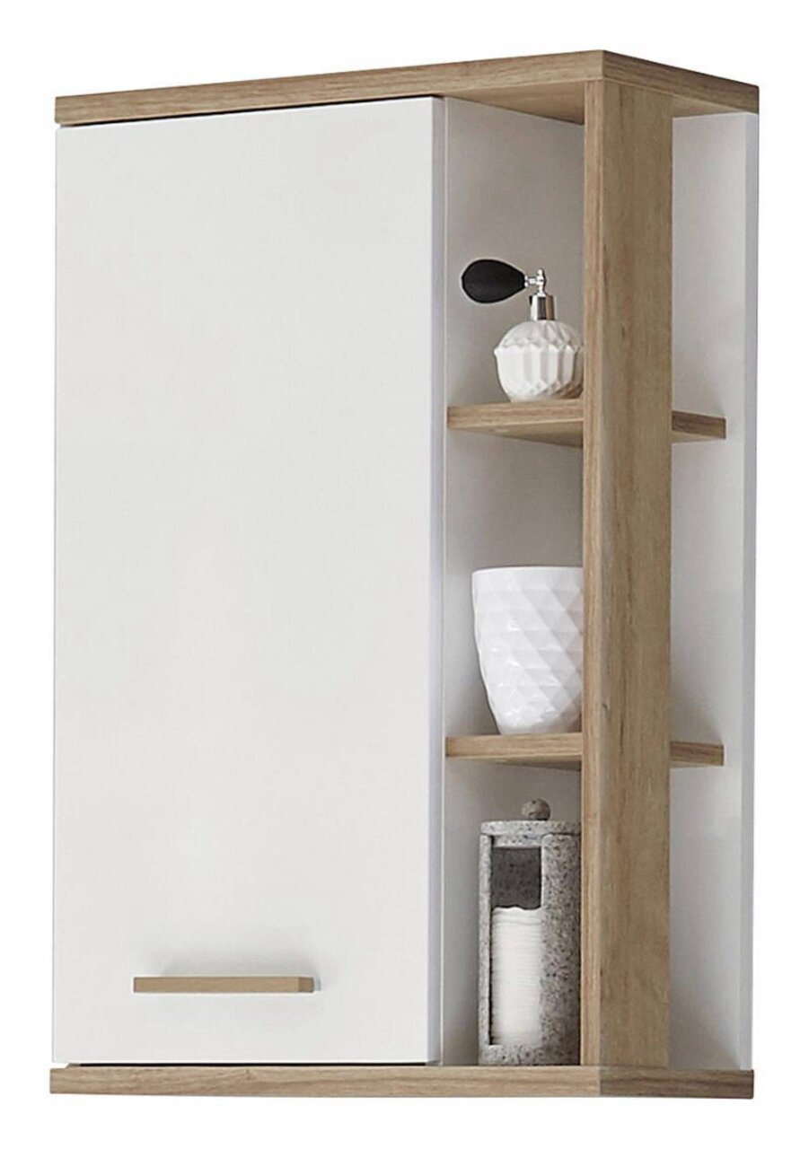 Moderne wandkast met witte deur en open houten planken, zijaanzicht