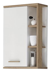 Moderne wandkast met witte deur en open houten planken, zijaanzicht