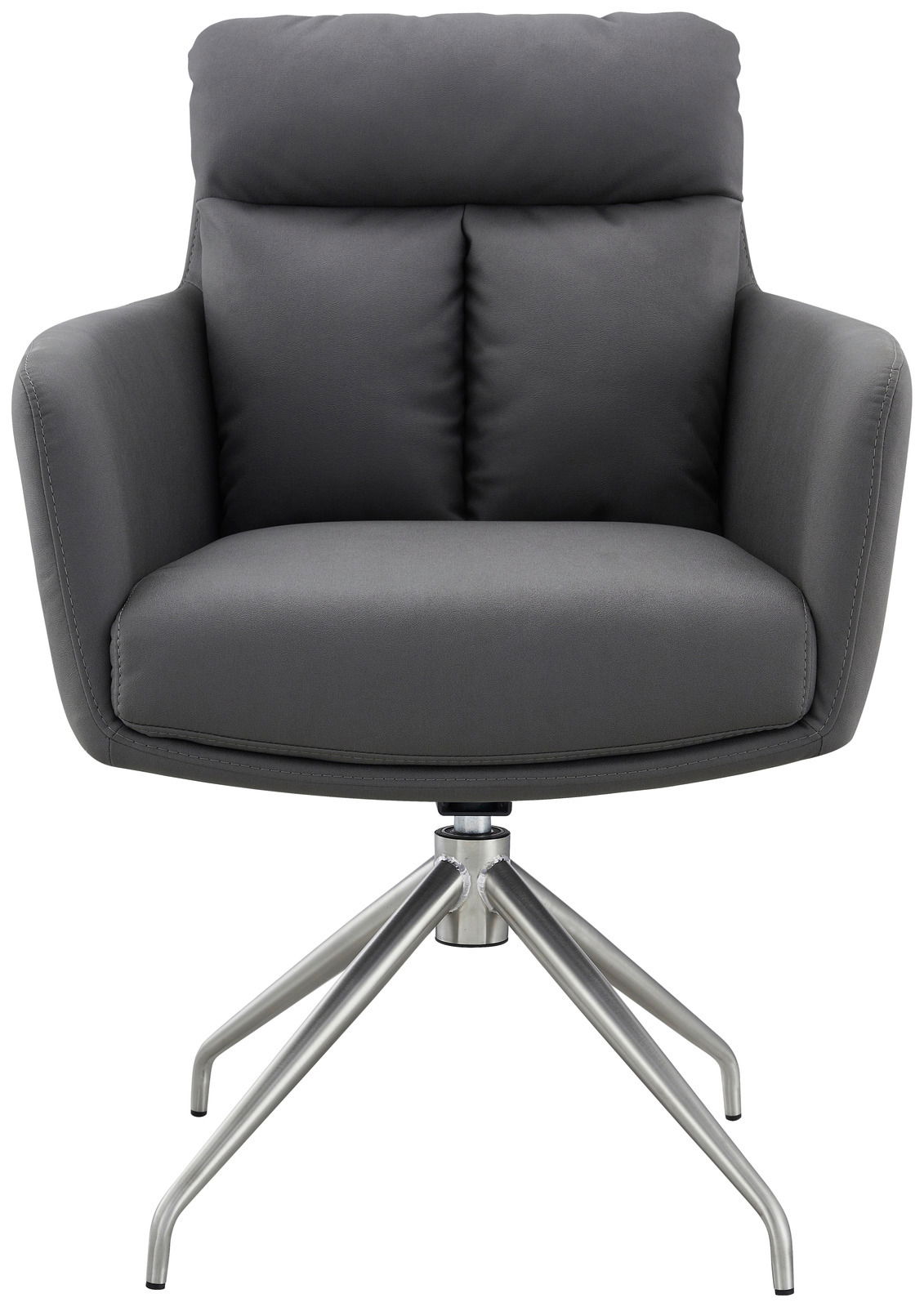 Grauer Armlehnstuhl mit gepolsterter Rückenlehne und Metallgestell, Frontalansicht