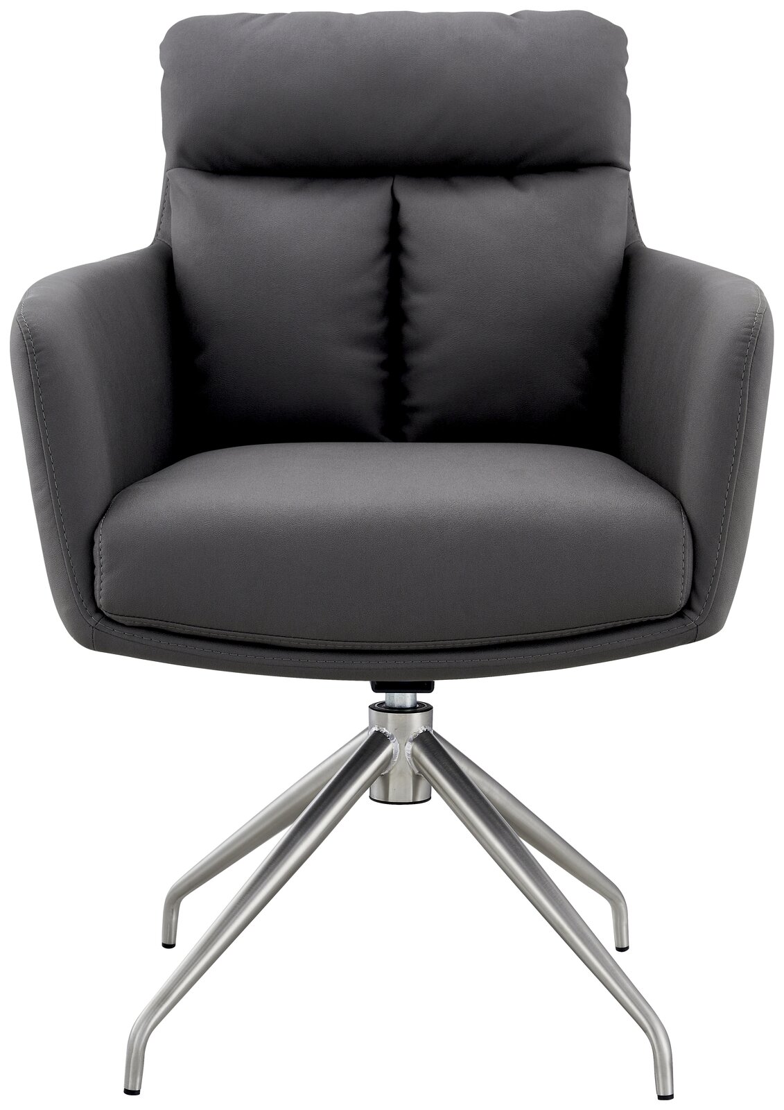 Grauer Armlehnstuhl mit gepolsterter Rückenlehne und Metallgestell, Frontalansicht