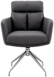 Grauer Armlehnstuhl mit gepolsterter Rückenlehne und Metallgestell, Frontalansicht