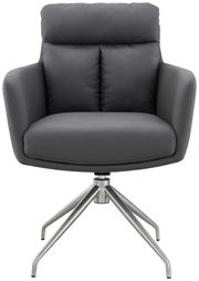 Grauer Armlehnstuhl mit gepolsterter Rückenlehne und Metallgestell, Frontalansicht