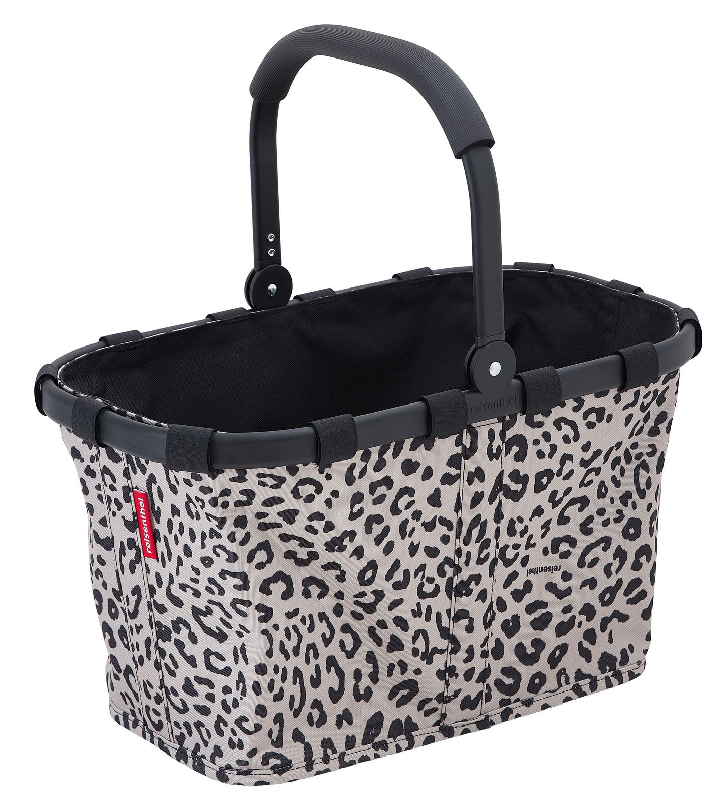 Leopardenmuster-Einkaufskorb mit schwarzem Griff, seitliche Perspektive