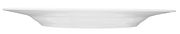 Seitenansicht eines flachen, weißen Tellers mit einem Durchmesser von 30 cm, Modell Rondo/Liane.