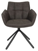 Moderner Armlehnstuhl in dunklem Stoff mit schwarzem Metallgestell, Frontalansicht