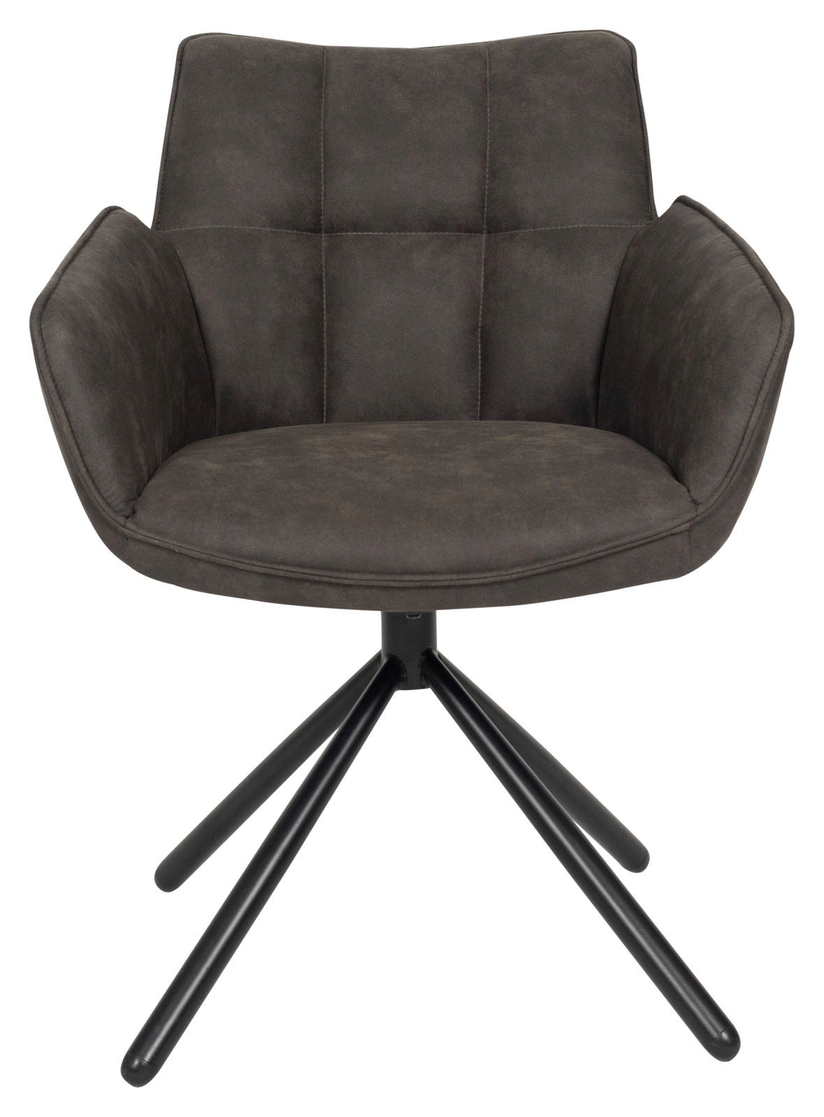 Moderner Armlehnstuhl in dunklem Stoff mit schwarzem Metallgestell, Frontalansicht